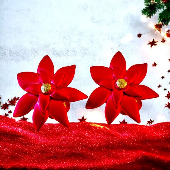 Vintage Red Matte Poinsettia Flower Clip-on Earrings - Picture 11 of 11